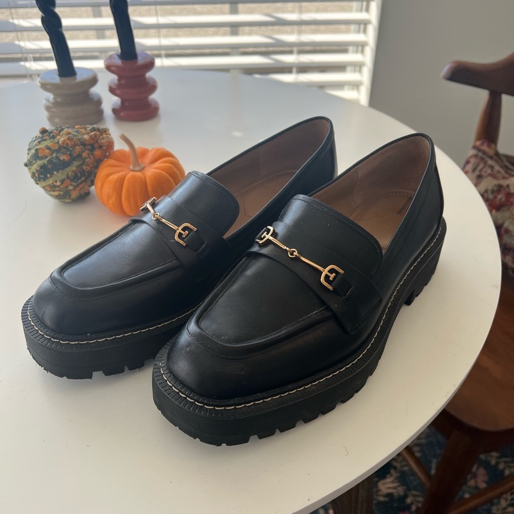 Sam Edelman Black Leather Bit Loafers with Gold Hardware